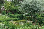 V Tradiční venkovské zahradě s vinným sklípkem se na záhoncích oddělených živými plůtky prolínají ovocné stromky, zelenina, bylinky a letničky s trvalkami.