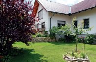 V zahrádce nesmí chybět ovocný stromek. Zde je uprostřed travnaté plochy meruňka podsazená léčivým měsíčkem zahradním.
